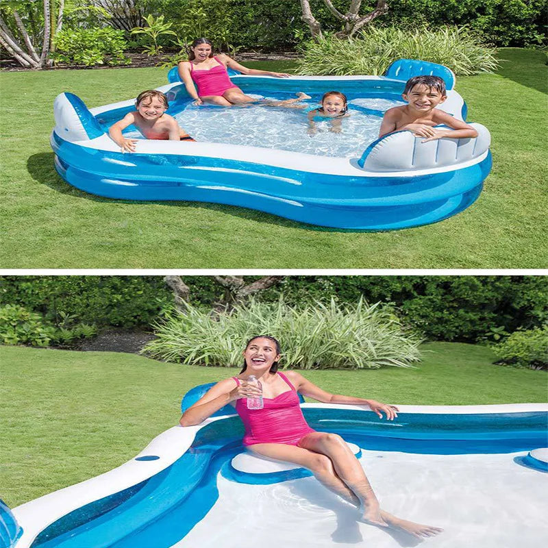 🏖️ Inflatable Family Swimming Pool with Backrest Seats – Square PVC Pool for Kids & Adults