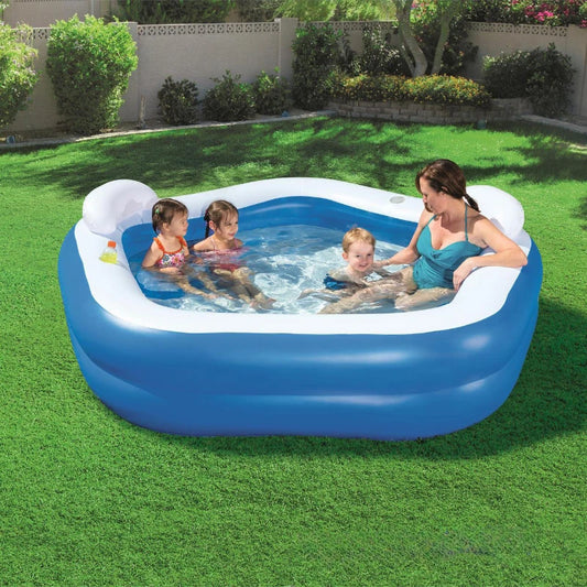 🏖️ Inflatable Family Swimming Pool with Backrest Seats – Square PVC Pool for Kids & Adults