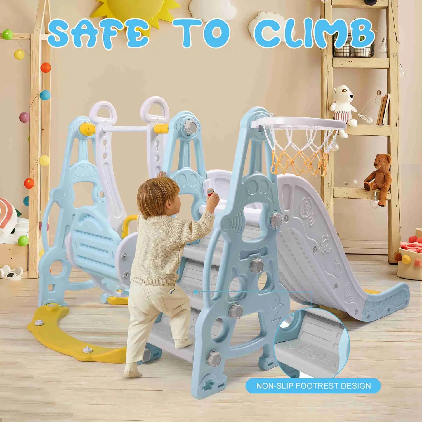 🎠 4-in-1 Toddler Playground Set – Swing, Slide, Climber & Basketball Hoop | Indoor/Outdoor Playset for