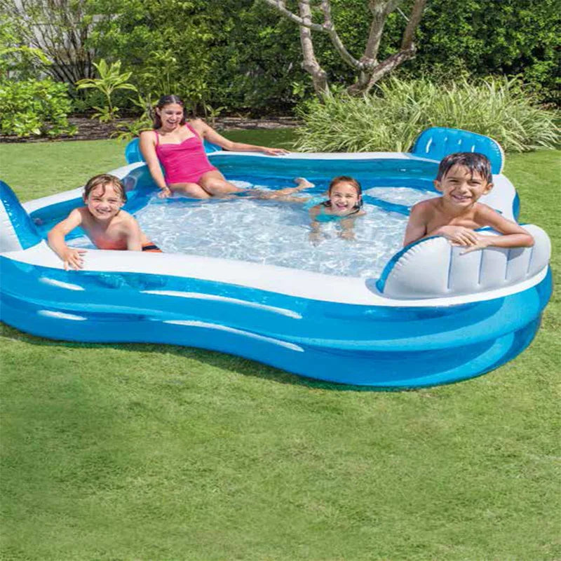 🏖️ Inflatable Family Swimming Pool with Backrest Seats – Square PVC Pool for Kids & Adults